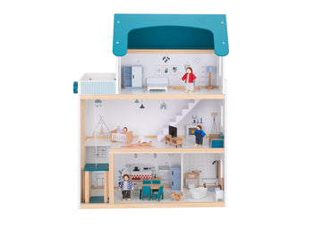 Modern Wooden Dollhouse with Family Set
