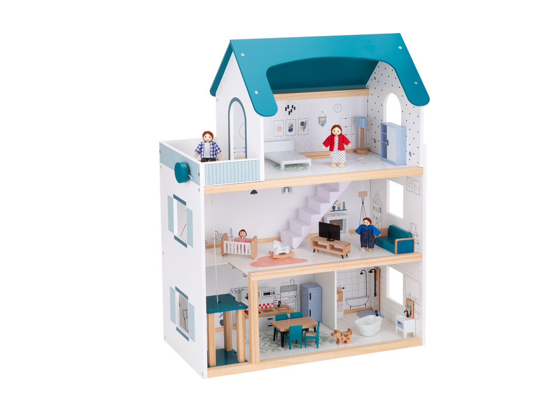 Modern Wooden Dollhouse with Family Set