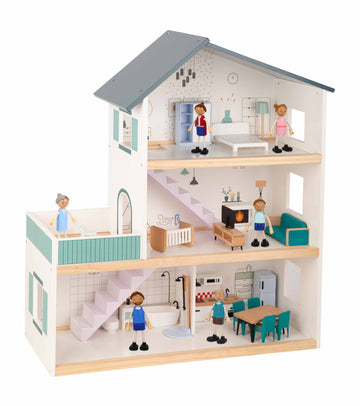 Wooden Family Dollhouse with Furniture and Figures