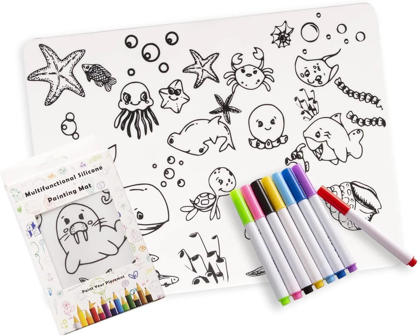 Reusable Silicone Coloring Mat with Thin Markers (8 Colors)